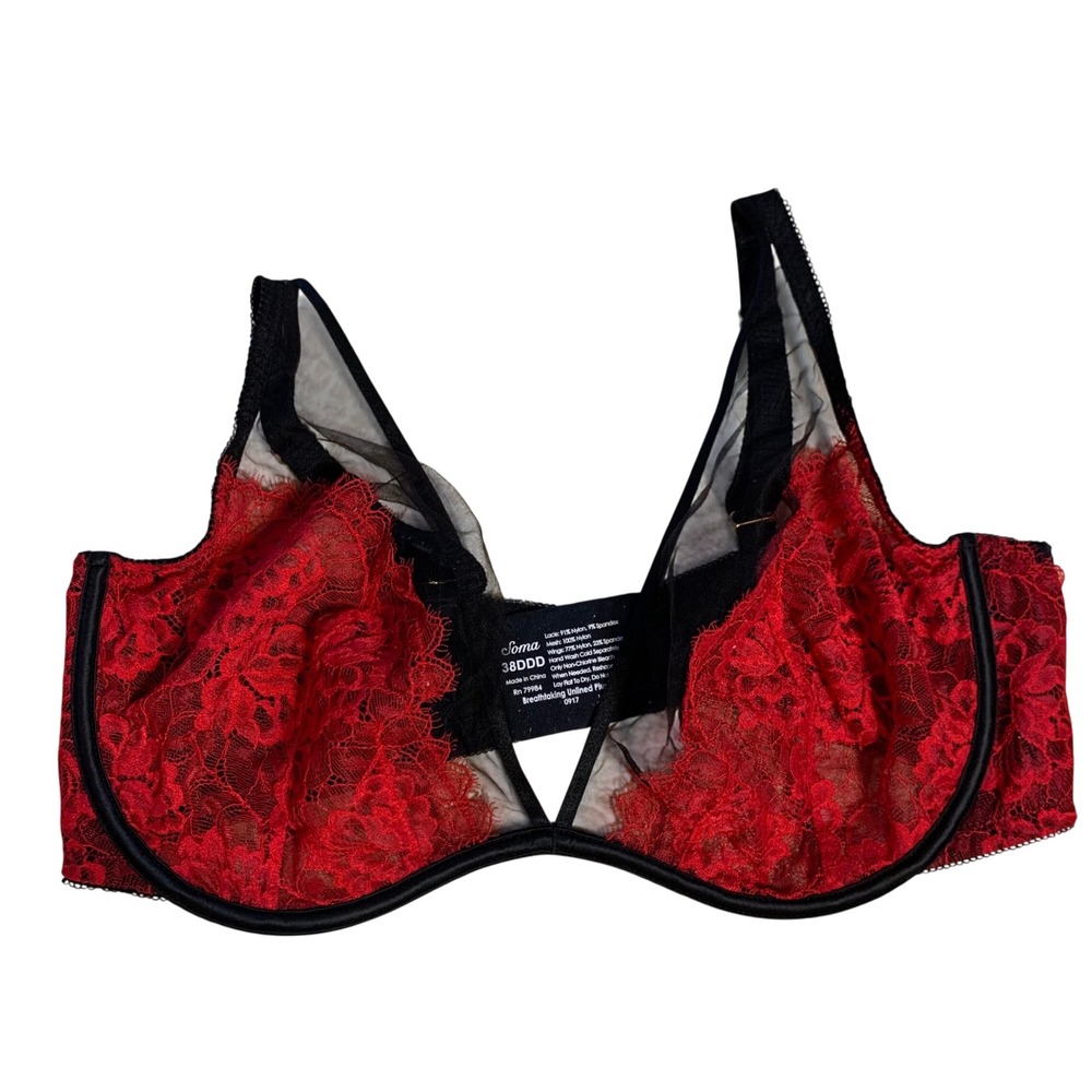 Soma Breathtaking Unlined Plunge Bra 38DDD Red Black Floral Lace Mesh Underwire
